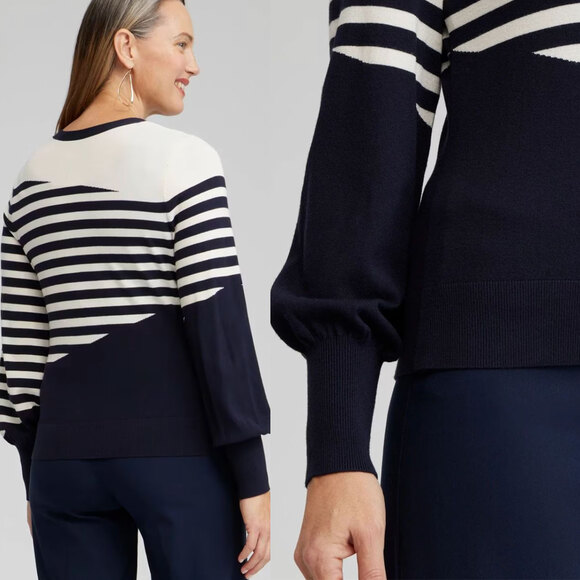 CHICO'S NWT Mixed Stripe Balloon Sleeves Knit Cardigan Sweater Size 3/XL - Picture 2 of 13